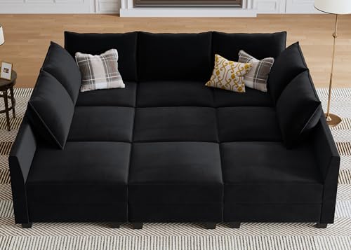 HONBAY Modular Sectional Sofa with Storage Ottoman Modular Sleeper Sectional Couches for Living Room, Black