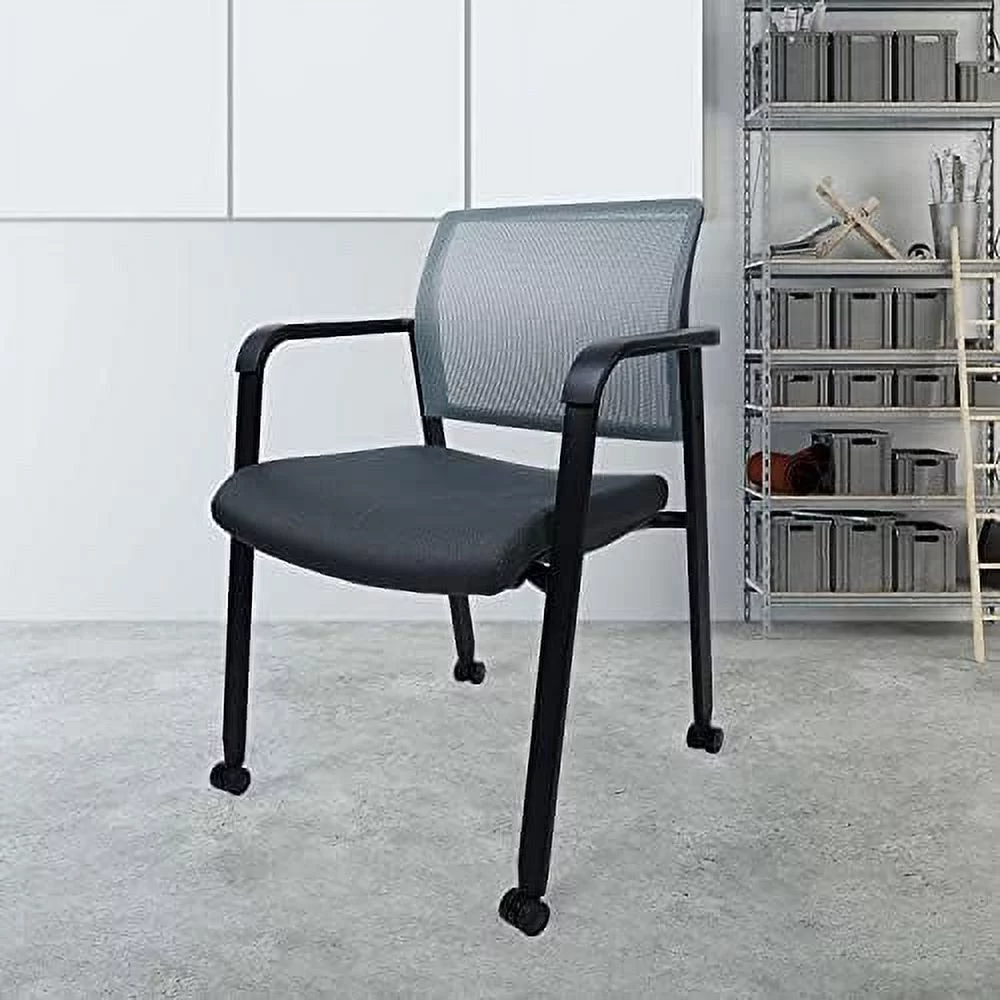 Mesh Back Guest Reception Arm Chairs With Wheels, Waiting Room Chairs With Upholstered Fabric Seat And Ergonomic Lumbar Support For Office Conference School Church Grey (4 Pack)