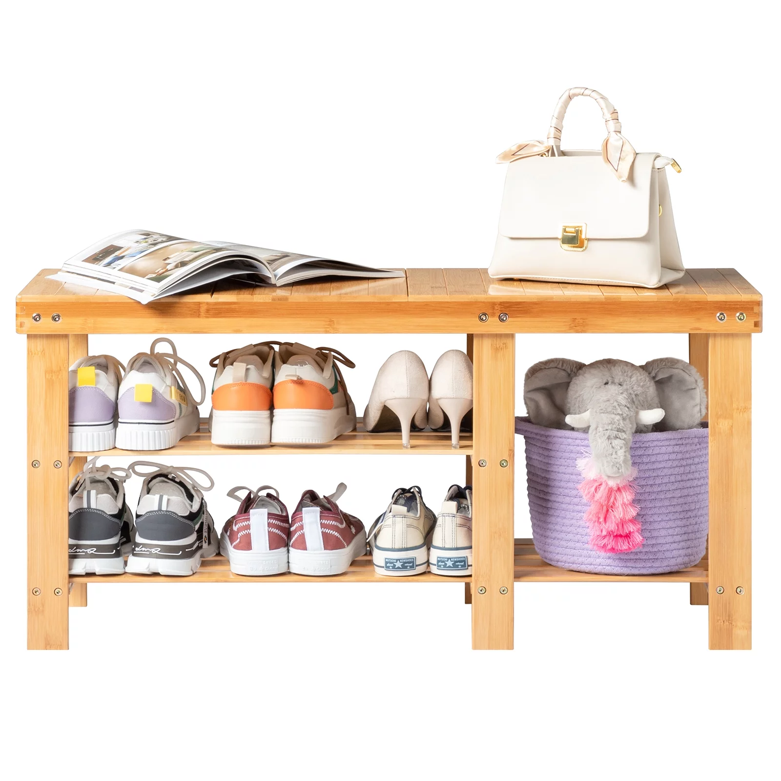 Ktaxon 100% Natural Bamboo Entryway Storage Bench Hallway Shoe Bench with 3-Tier Shoe Shelf Rack Storage Organizer 35.5