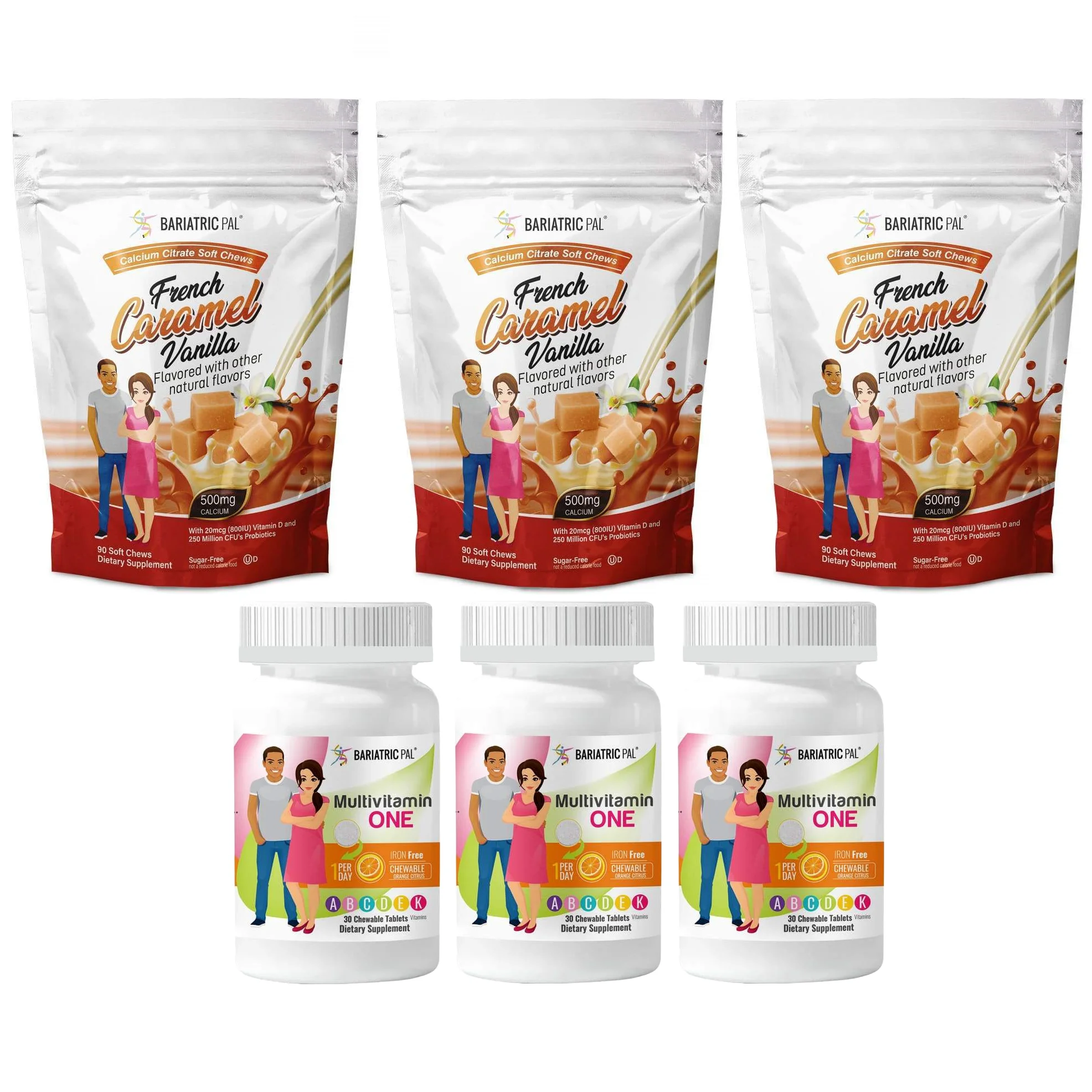 Gastric Bypass Complete Vitamin Pack - Chewables Size: 1-Month Supply, BariatricPal Multivitamin ONE: Orange Citrus Chewable - Iron Free, BariatricPal Calcium Citrate Chews: French Vanilla Caramel