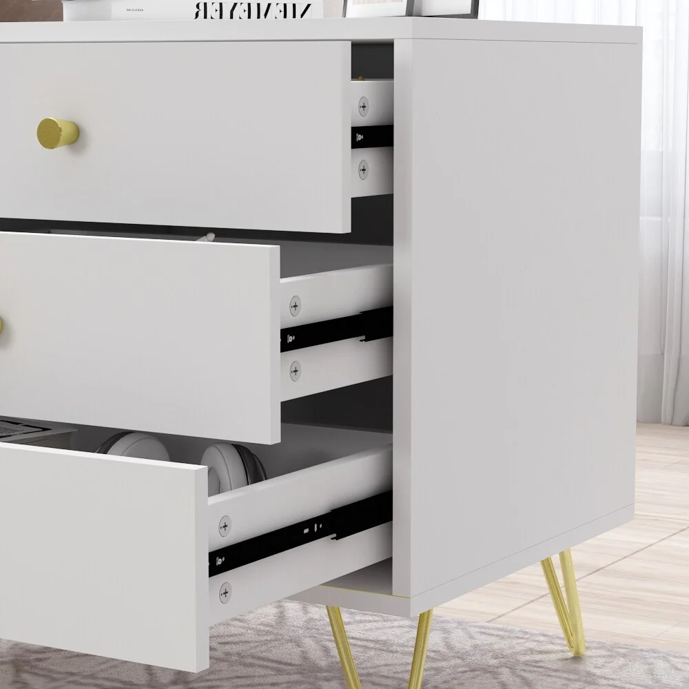 TMEKEEPER INC-FC Timechee Nightstand Bedside Table Wood 3-Drawer with Metal Leg, White