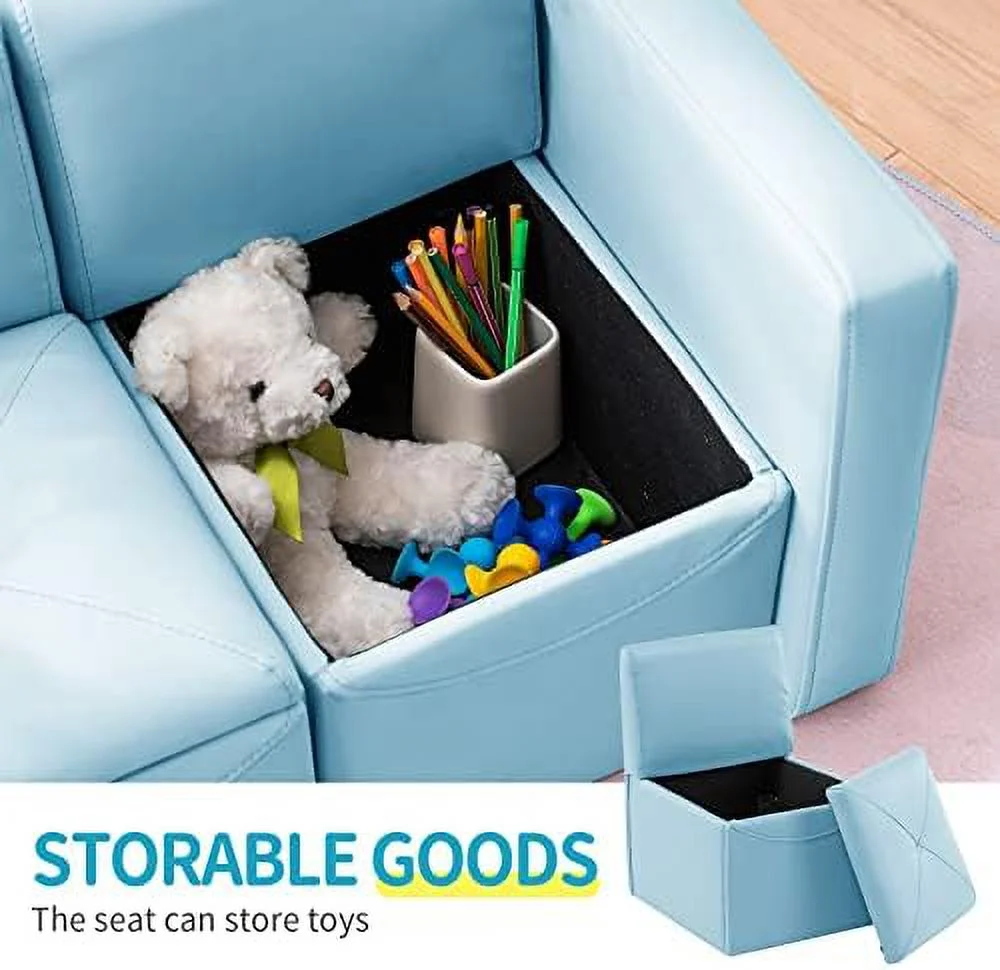 HJZBNONE \u2013Kids Sofa  2-in-1 Double Set Sofa Convert to Table & 2 Chairs  Toddler Lounge with Leather Surface  Children Boys Girls Couch Armrest Chair with  Box (ZKL-111K-Light Bl