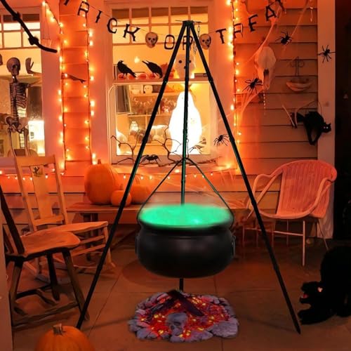 Halloween Witches Cauldron Outdoor, Large Witches Cauldron on Tripod with Light, Plastic Witches Bowl Candy Bucket Halloween Decorations for Porch Yard Lawn (51.8 inches)