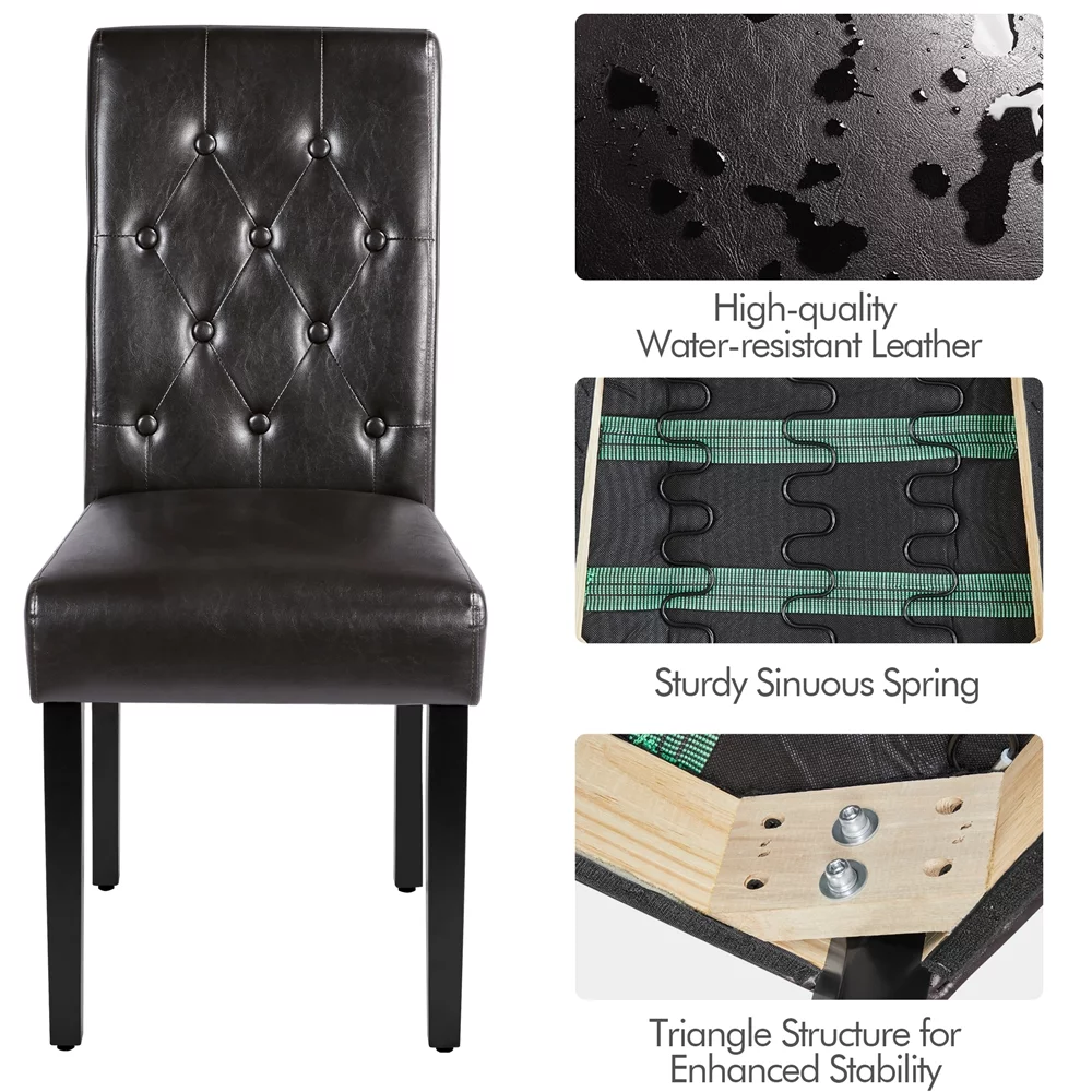 Topeakmart 2pcs Tufted Padded Faux Leather Dining Chair Kitchen Chair with Solid Wood Legs, Brown