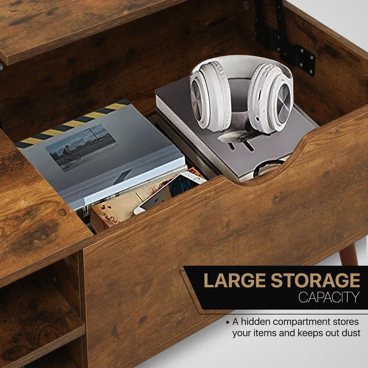 MoNiBloom Wood Lift Top Coffee Table with Hidden Storage Compartment, Rectangle Adjustable Storage Shelf, for Living Room, Rustic Brown