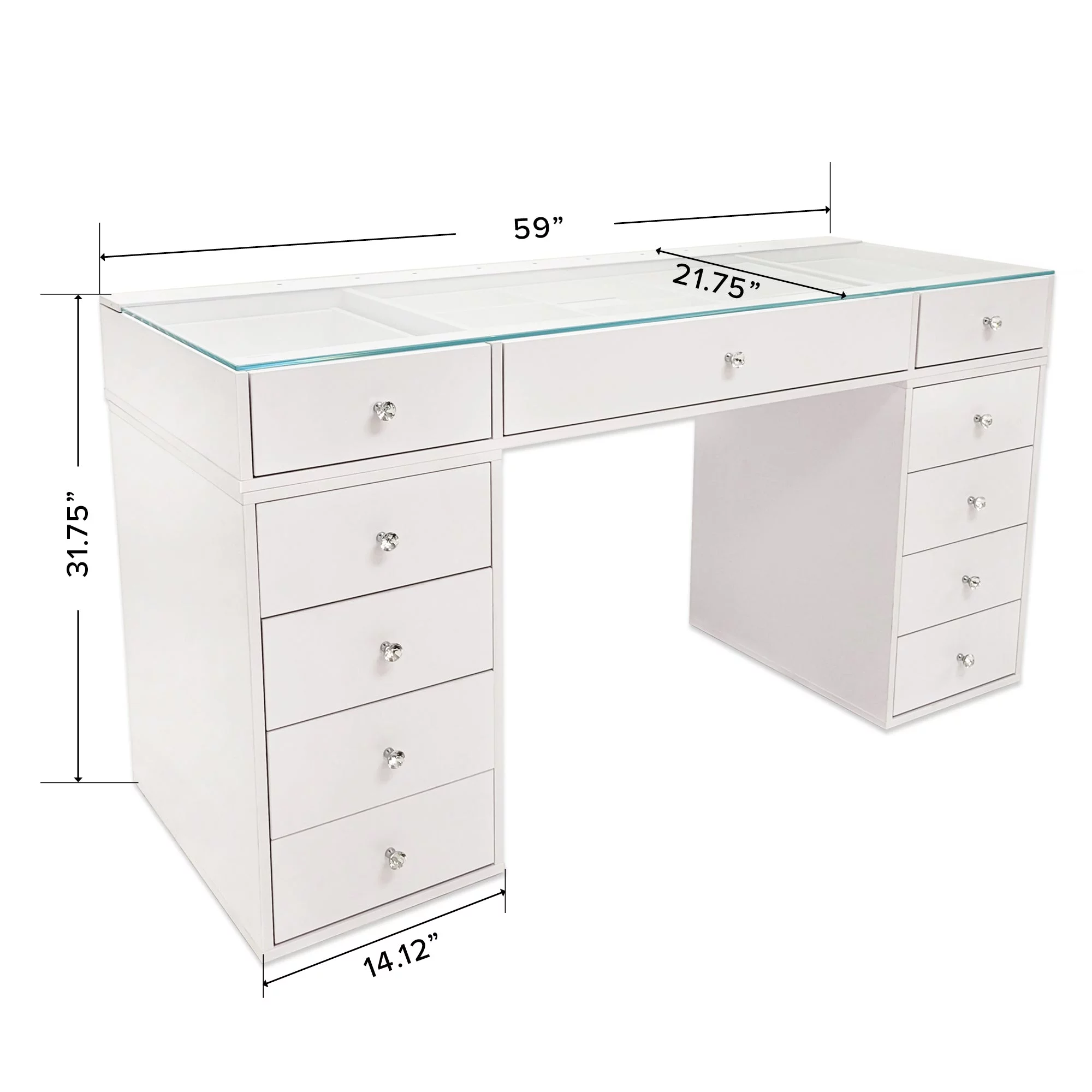 Impressions Vanity Slaystation Naomi Vanity Desk with Glass Tabletop with 10 Storage Drawers (White)