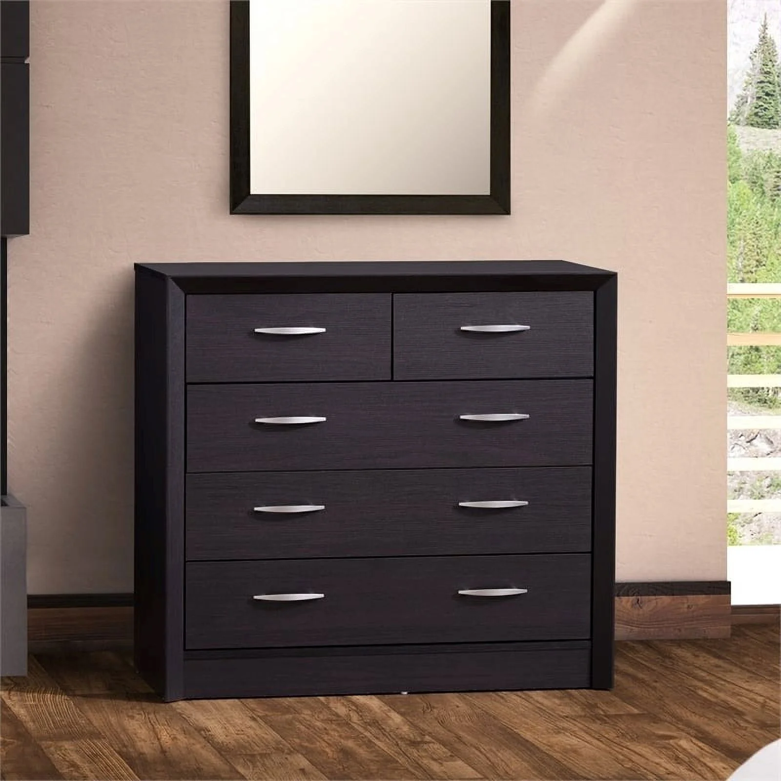 Bowery Hill 5-Drawer Mid-Century Engineered Wood Dresser in Black Oak