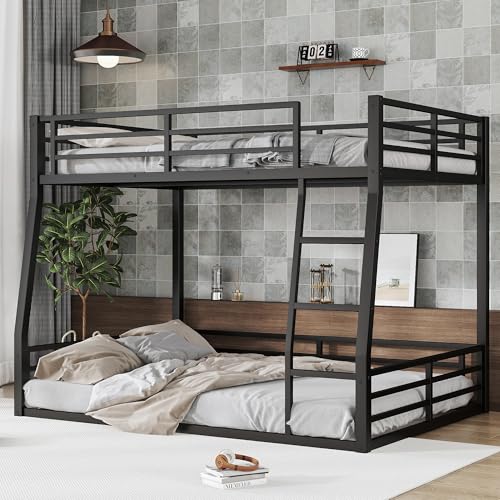 Heavy Duty Bunk Bed Frame with Ladder, Twin XL Over Twin XL Bunk Beds with Safety Guardrails, Adults Bunk Beds with Noise-Reducing Rubber Stoppers, Easy Assemble, Black