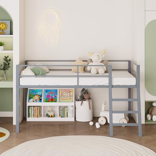Low Metal Twin Loft Bed with Ladder and Guardrail for Kids or Teens, Space Saving Loft Bed Twin Size for Small Bedroom, Grey