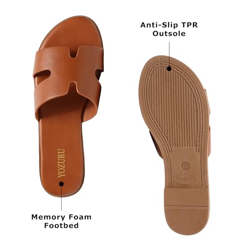 Yozuru Womens Flat Sandals Open Toe Dressy Summer Sandals Comfortable Casual Slip on Leather Slides Sandals for women