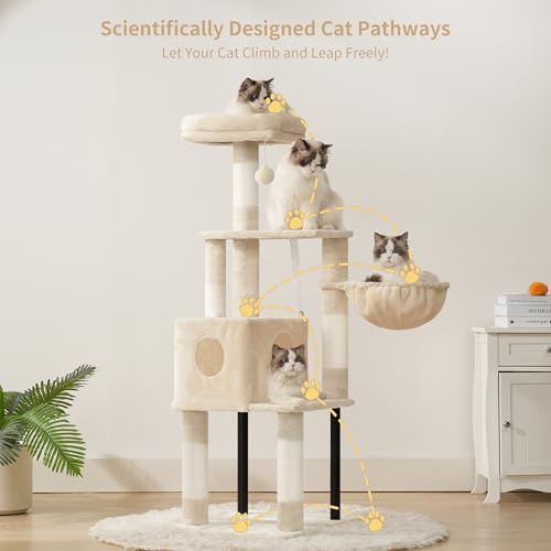 Heybly Cat Tree, 49.2 Inches Cat Tower for Indoor Cats, Spacious Cat House Condo with Hidden Space，Sturdy Steel Tube，Soft Plush Top Perch，Cozy Hammock and Sisal Scratching Posts, Smoky Gray HCT200SG