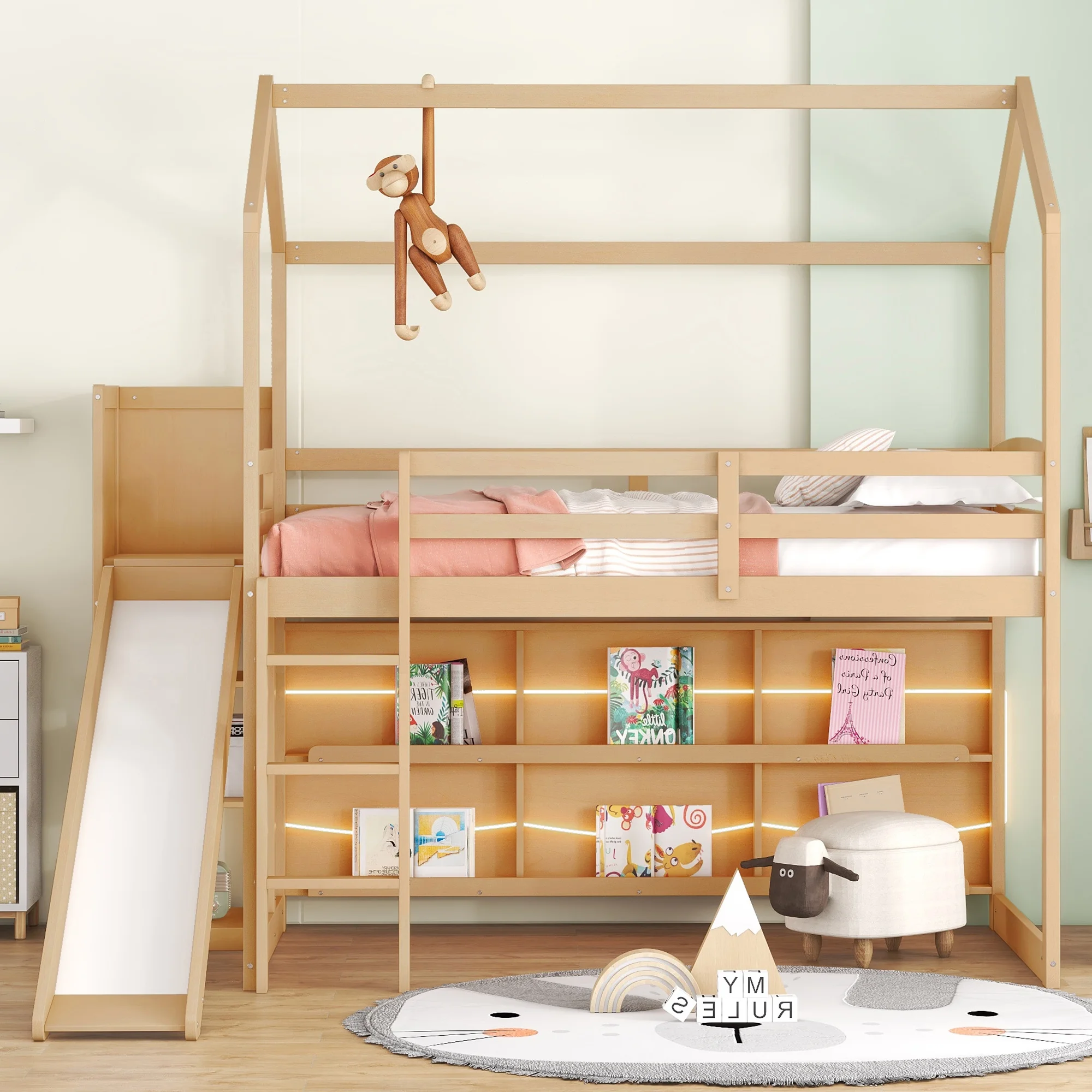 Euroco Wood Twin Size Loft Bed with Shelf and Slide, LED Light Strip and Bookcase for Kids Teens Adults, Wood