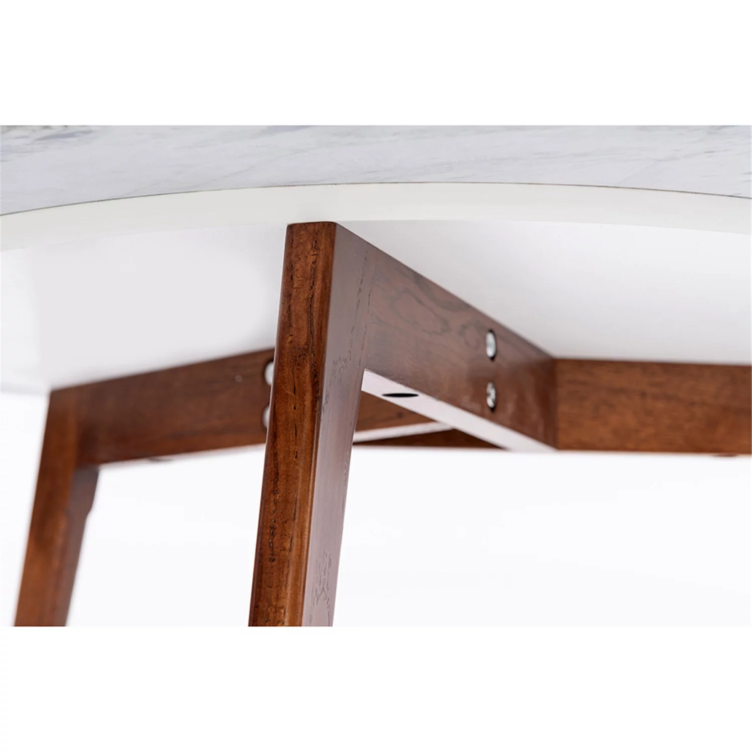 The Bianco Collection  31 in. Cassara Round Italian Carrara White Marble Coffee Table with Walnut Legs