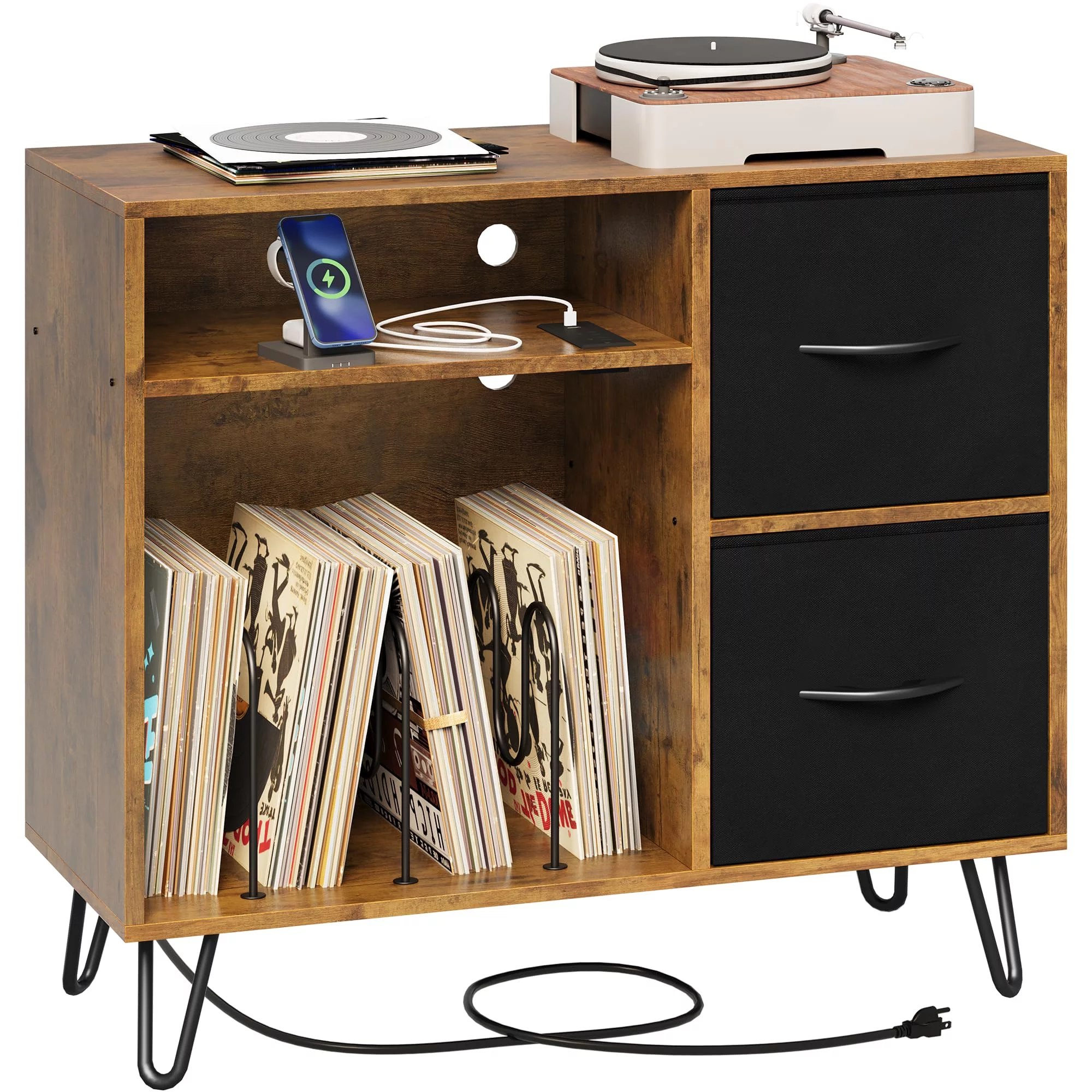 Dextrus Vinyl Record Player End Table Stand with Cloth Drawer, Turntable Stand with Charging Station & USB Ports