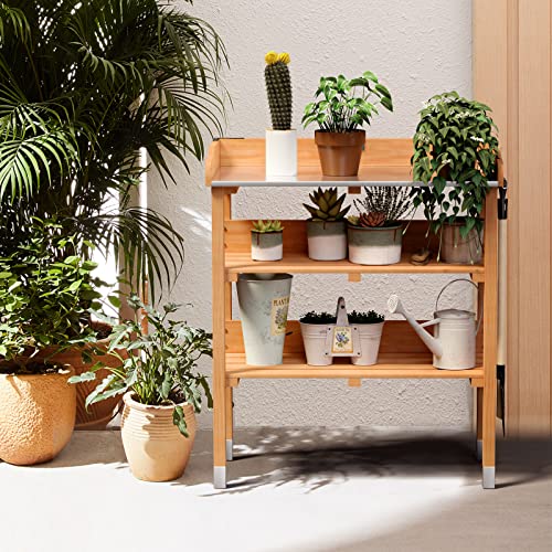 Outdoor Potting Bench, 3 Tier Wooden Garden Workstation Table w/Iron Tabletop, 2 Wood Shelf, 5 Hooks, Multifuction Work Station Table Rack for Garden, Backyard, Kitchen, Garage (Deep Oak)