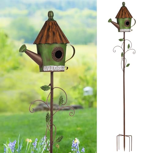 BAYN 57” Bird Houses Stake for Outside, Metal Wild Bird Feeder Double-Hole Birdhouse Stake with Cylinders Design Outdoor Decorations for Patio, Backyard, Garden