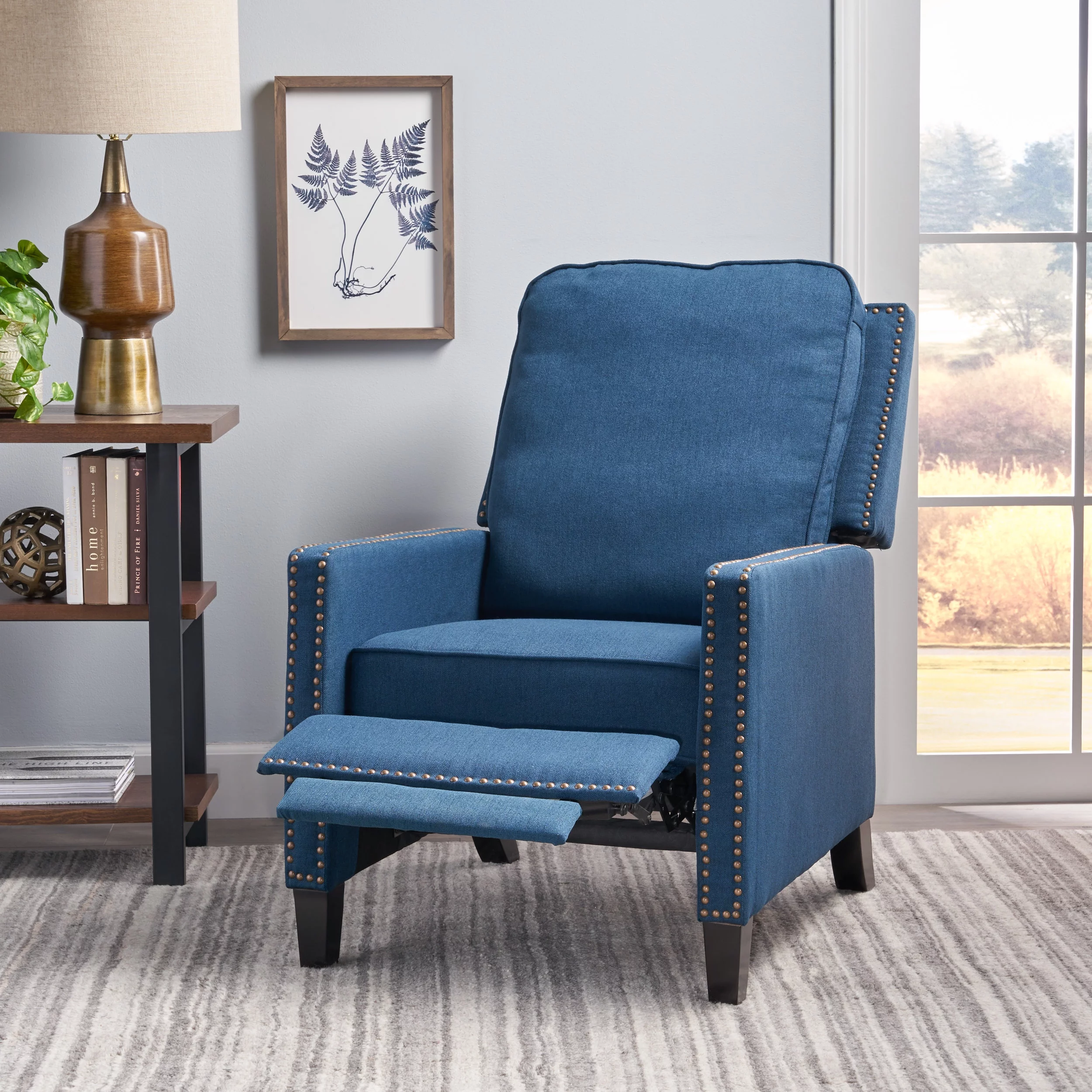 Noble House Celia Traditional Fabric Recliner, Navy Blue