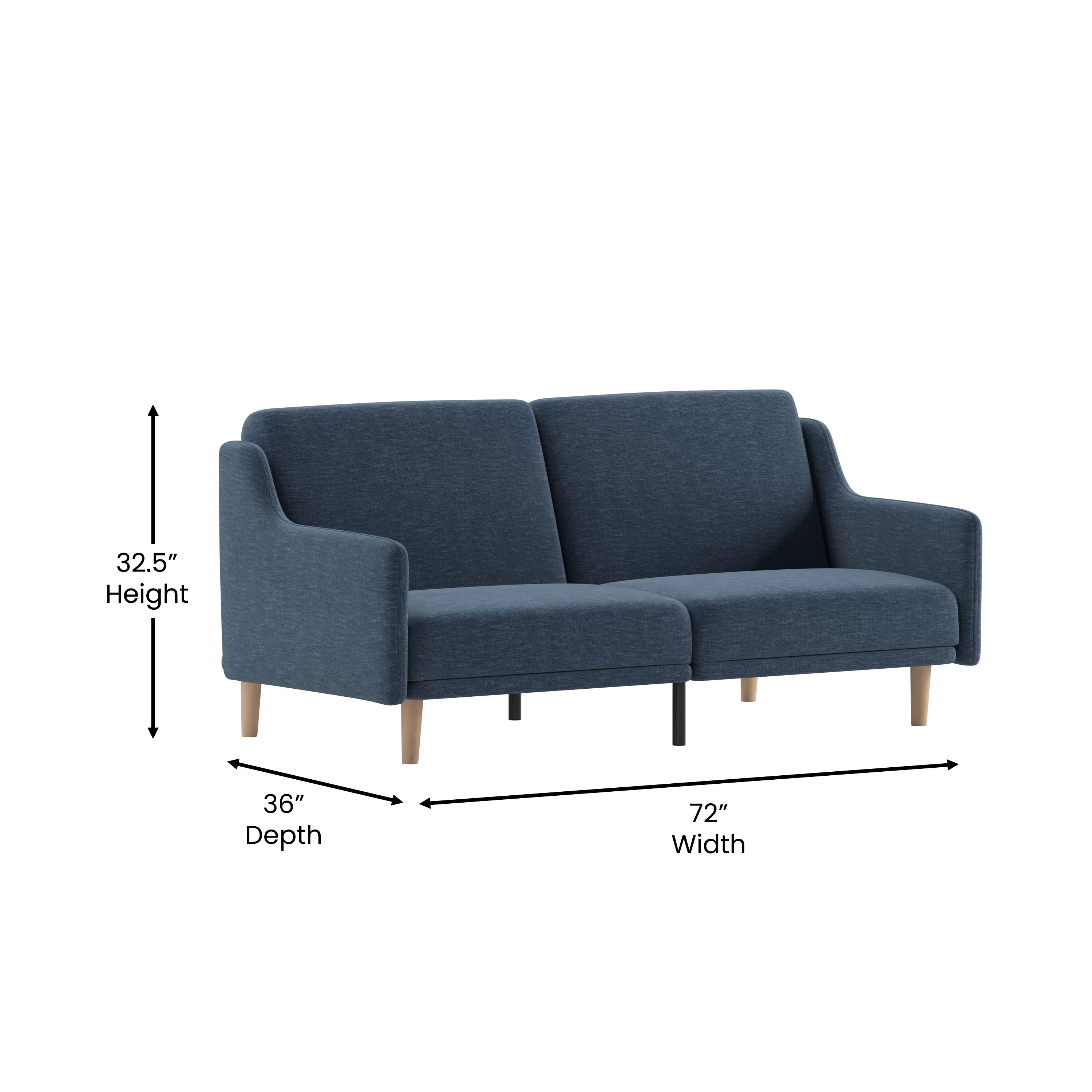 Emma + Oliver Plush Padded Faux Linen Upholstered Split Back Sofa Futon with Smooth Curved Removable Arms and Wooden Legs in Navy