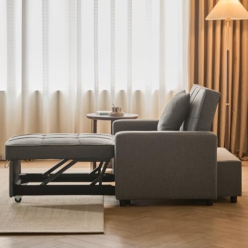 Sofa Bed Chair Convertible ，Sleeper Sofa with Pull-Out Bed ，3-in-1 Futon Couch with Reclining Backrest and Side Pocket (Blue, 35.6‘)