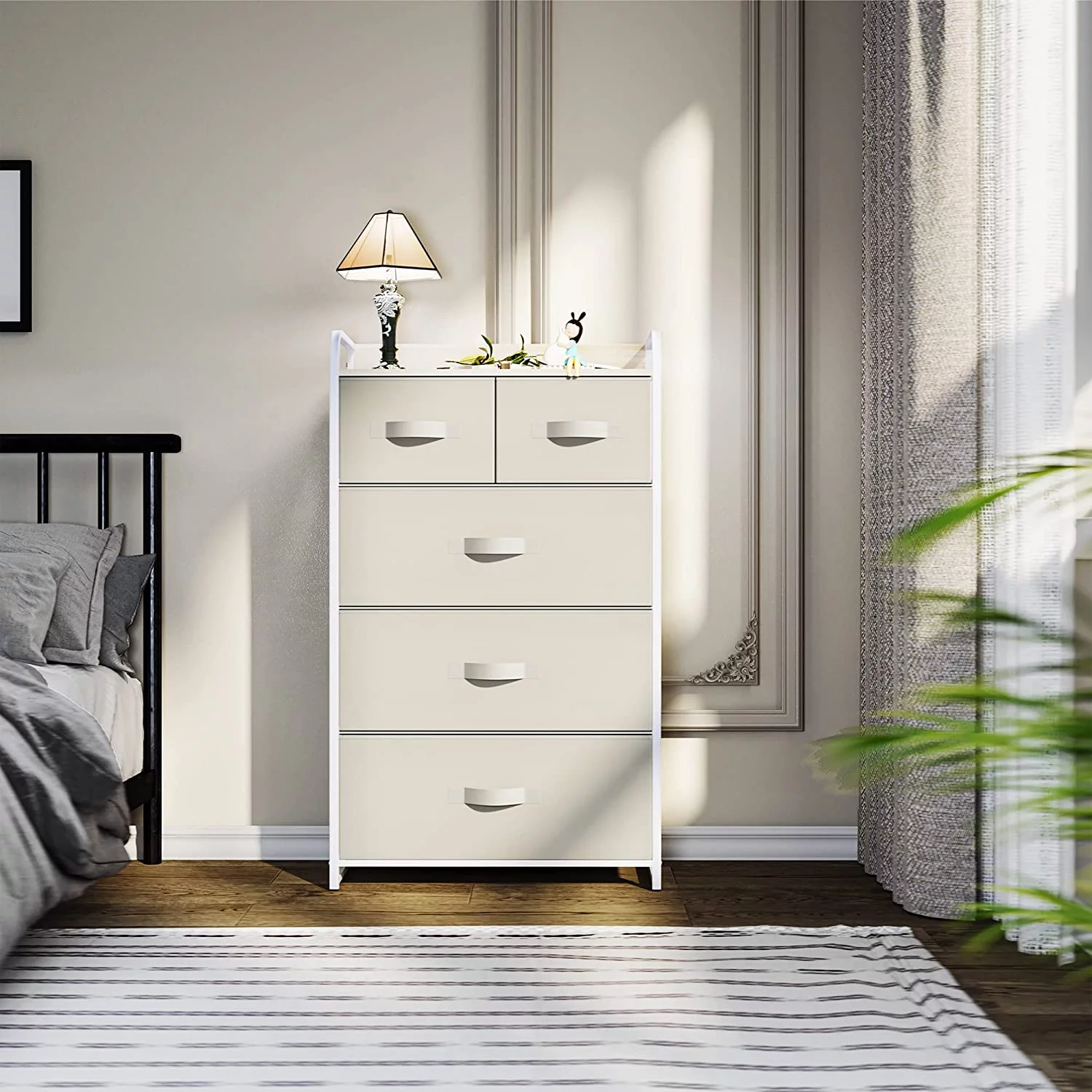 YITAHOME Fabric Dresser with 5 Drawers - Storage Tower with Large Capacity, Organizer Unit for Bedroom, Living Room & Closets - Sturdy Steel Frame, Wooden Top & Easy Pull Fabric Bins, Cream White