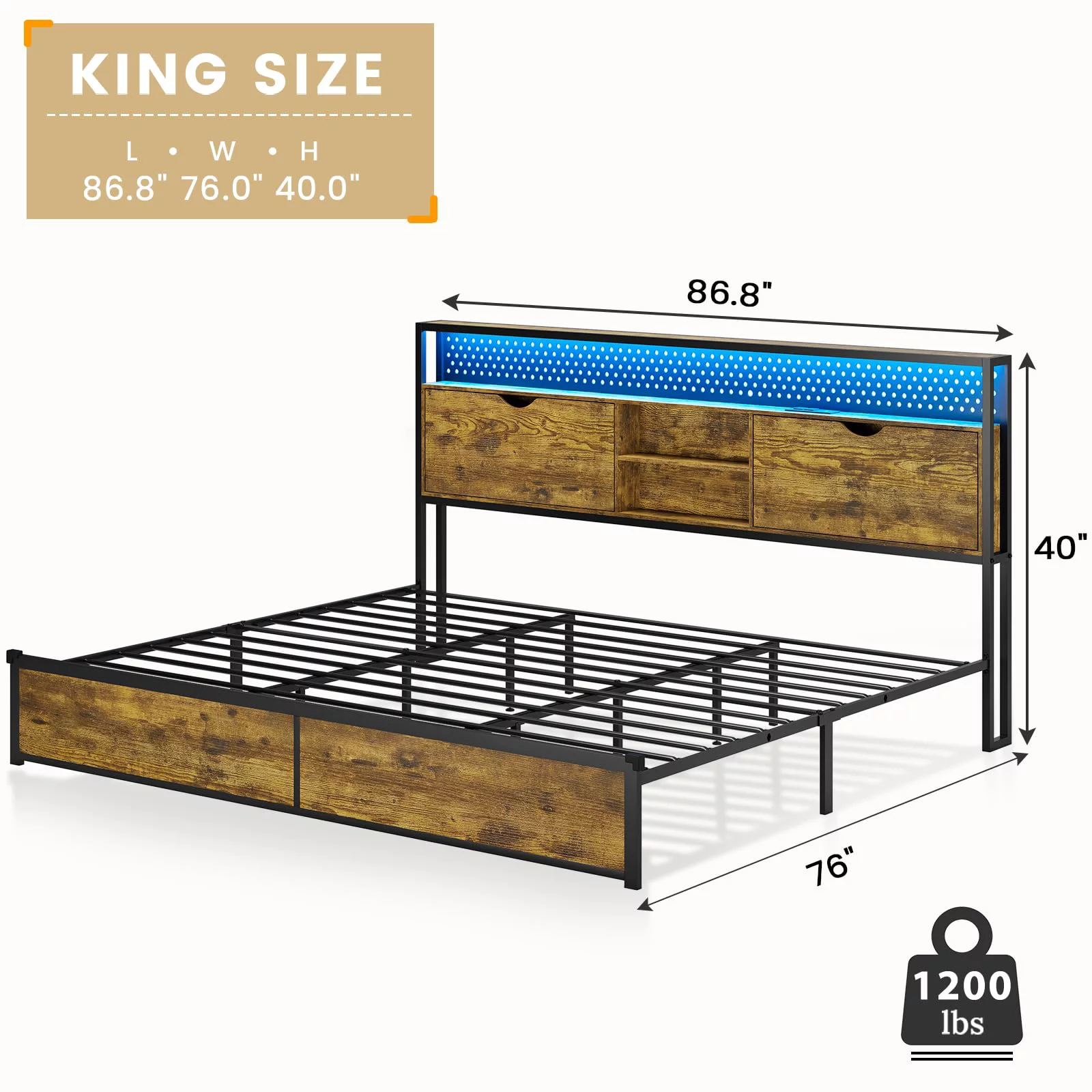 ADORNEVE King LED Bed Frame with Storage Headboard, Metal Platform Bed with Charging Station, Heavy Duty Steel Slats Support, No Box Spring Needed, Vintage Brown