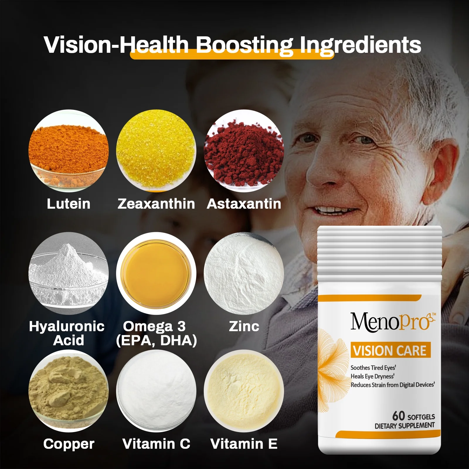 Menopro Vision Care Softgels, Lutein, Zeaxanthin, Astaxantin, Hyaluronic Acid, Omega 3 (EPA, DHA), Zinc, Copper, Vitamin C & E, 60 Day Supply - 60 ct