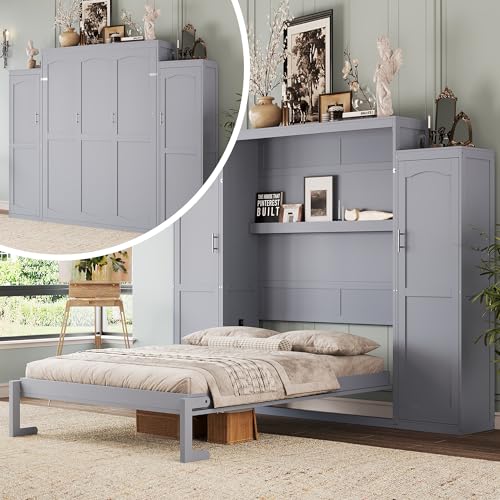 Polib Full Size Murphy Bed with Two Wardrobes and Storage Shelf, Space-Saving Wall Cabinet Bed with Foldable Platform Bedframe for Small Bedrooms, Guest Rooms and Apartments (White)