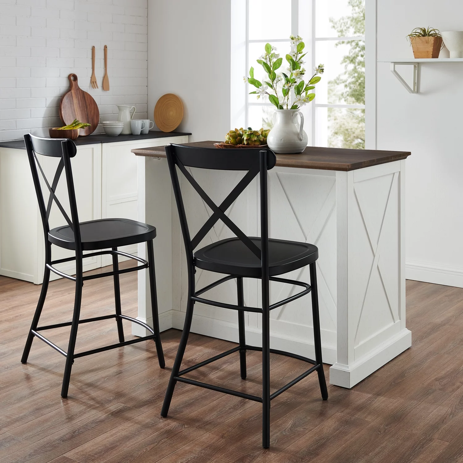 HomeStock Neo-Classical Nostalgia Kitchen Island W/Camille Stools Distressed White/Black - Kitchen Island & 2 Stools