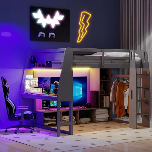 SOFTSEA Twin Gaming Loft Bed with Desk & LED Lights, Solid Wood Loft Bed with Storage Wardrobe and Shelves for Kids Teens, Space-Saving Bed with Safety Guardrail, Grey