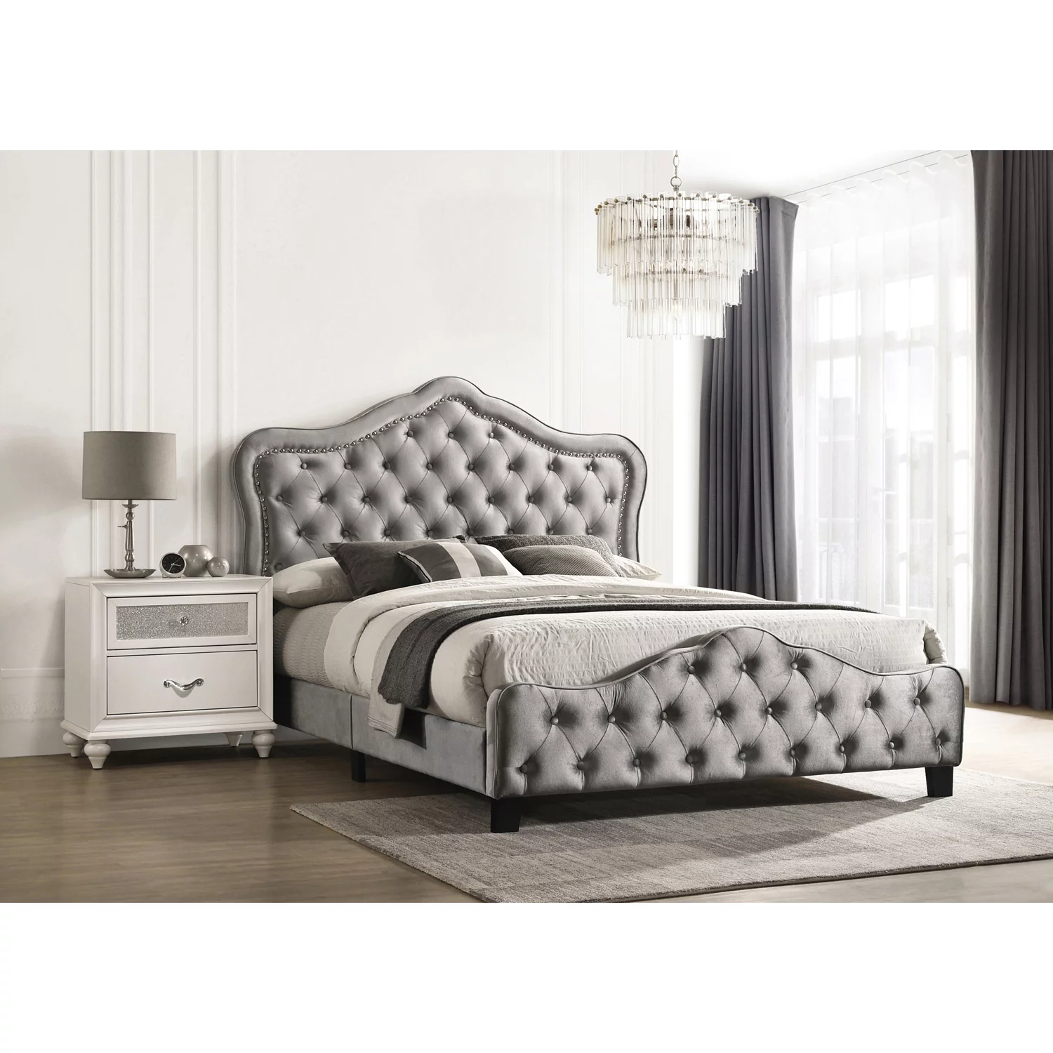 Bella Eastern King Upholstered Tufted Panel Bed Grey