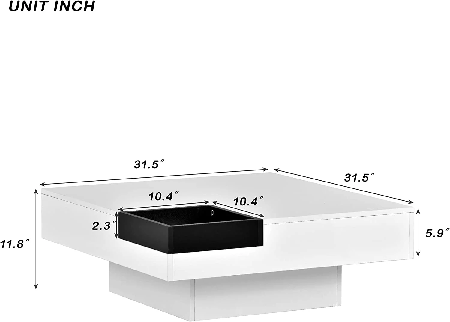 Modern Square LED Coffee Table Cocktail Table With 16 Colors,White/Black Coffee Table With Detachable Tray And Control For Living Room Bedroom