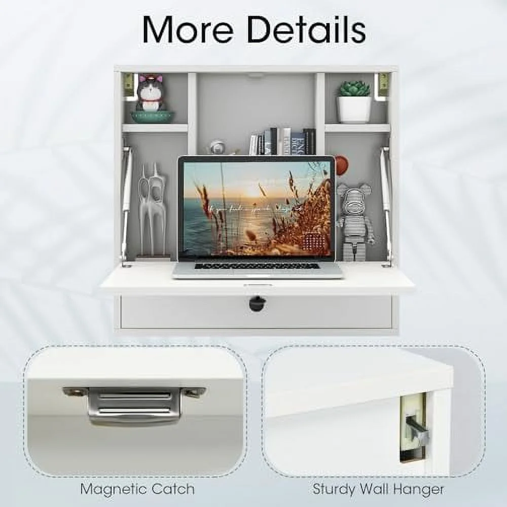 HJNIUNIU Wall Mounted Desk  Multi- Floating Desk Wall Mount Laptop Desk  Space Saving Wall Mounted Table Wall Desk with  Drawer and Shelves (Black)