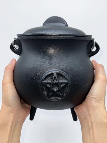 X-Large Pentacle Cast Iron Cauldron with Lid and Handle, 7.5