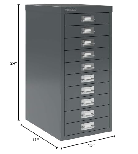 Bisley 10-Drawer Steel MultiDrawer Cabinet - Black, Chrome Pull Handles with Label Holders, Powder-Coated Steel, Removable Drawers, Fits Under Most Desks, Labels Included