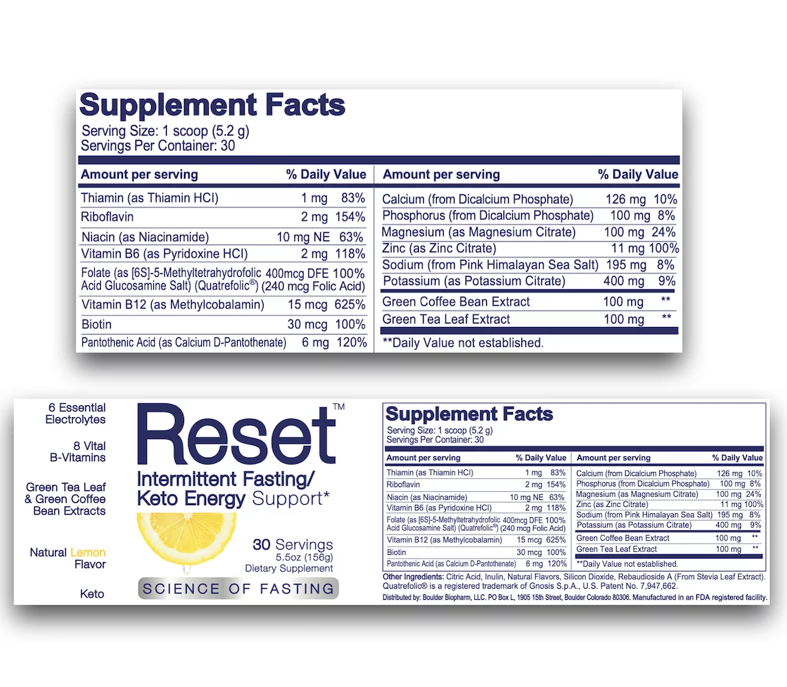 Reset Keto/Fasting Electrolyte Energy, 6 High Grade Electrolytes, Himalayan Pink Salt, 8 B-Complex Vitamins, 72 Trace Minerals, Green Tea Leaf Extract, Green Coffee Bean Extract