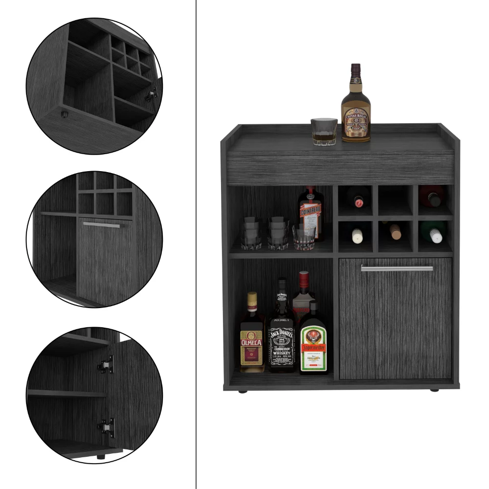 Treevol Furniture, Bar Cabinet Dext, Two Concealed Shelves, Six Wine Cubbies, Light Gray Finish