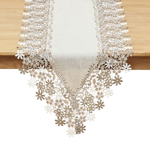 Natural Neutral Earth Tones Beige Floral Lace Table Runner Dresser Scarf 120 inches Long for Home Decor (16” x120”, Floral Natural)