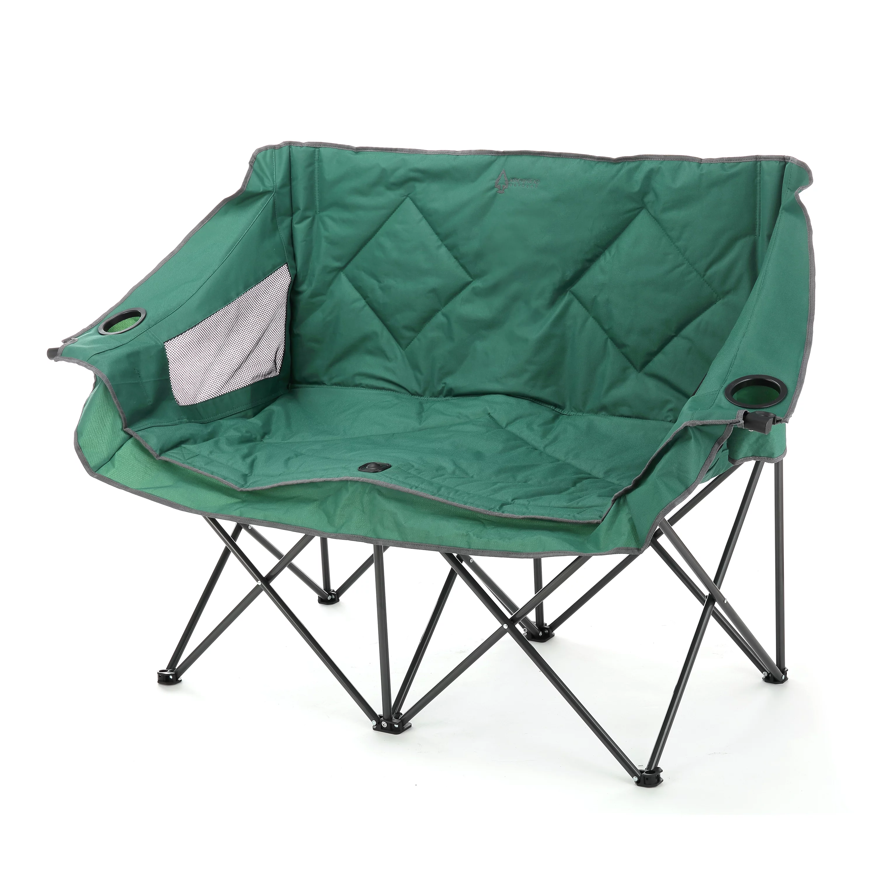 ARROWHEAD OUTDOOR Portable Folding Double Duo Camping Chair Loveseat w/ 2 Cup & Wine Glass Holder, Heavy-Duty Carrying Bag, Padded Seats & Armrests, Supports up to 500lbs, USA-Based Support (Green)