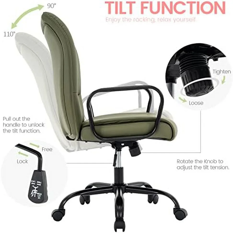Office Chair  Modern Upholstered Mid-Back PU Leather Task Desk Chair with Arms  Adjustable Rocking Swivel Computer Chair with Wheels (Olive Green  Black Base)