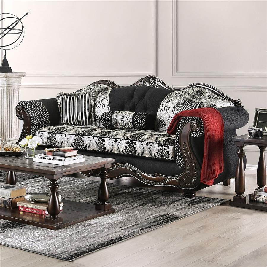 Traditional Black Chenille Sofa and Loveseat Furniture of America Ronja