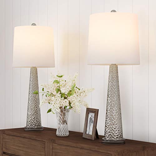 Table Lamps - Set of 2 Contemporary Hammered Glass Lights for Bedroom, Living Room, and Office with Energy-Efficient LED Bulbs by Lavish Home (Silver)