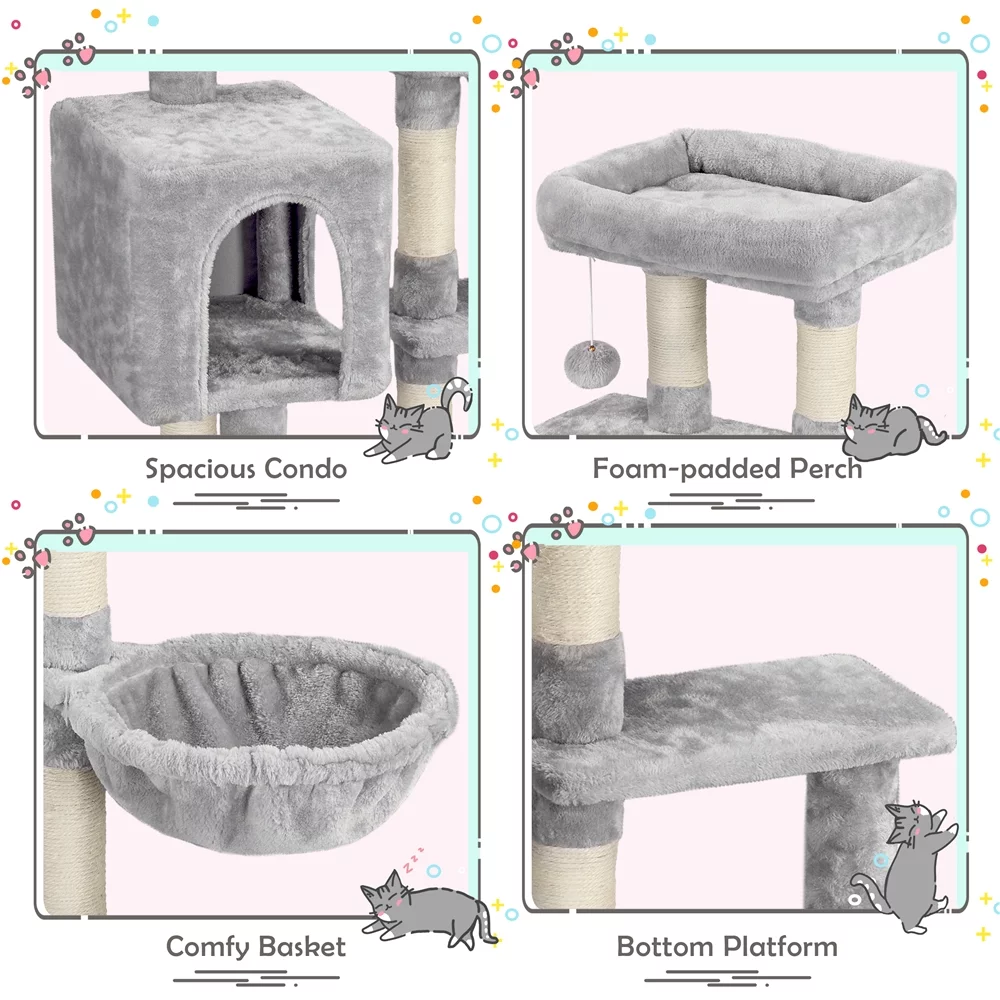 Topeakmart 38″ Cat Tree w/ Condo Perch Basket Scratchers, Light Gray