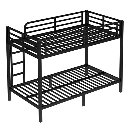 Heavy Duty Bunk Bed Frame with Ladder, Twin XL Over Twin XL Bunk Beds with Safety Guardrails, Adults Bunk Beds with Noise-Reducing Rubber Stoppers, Easy Assemble, Black