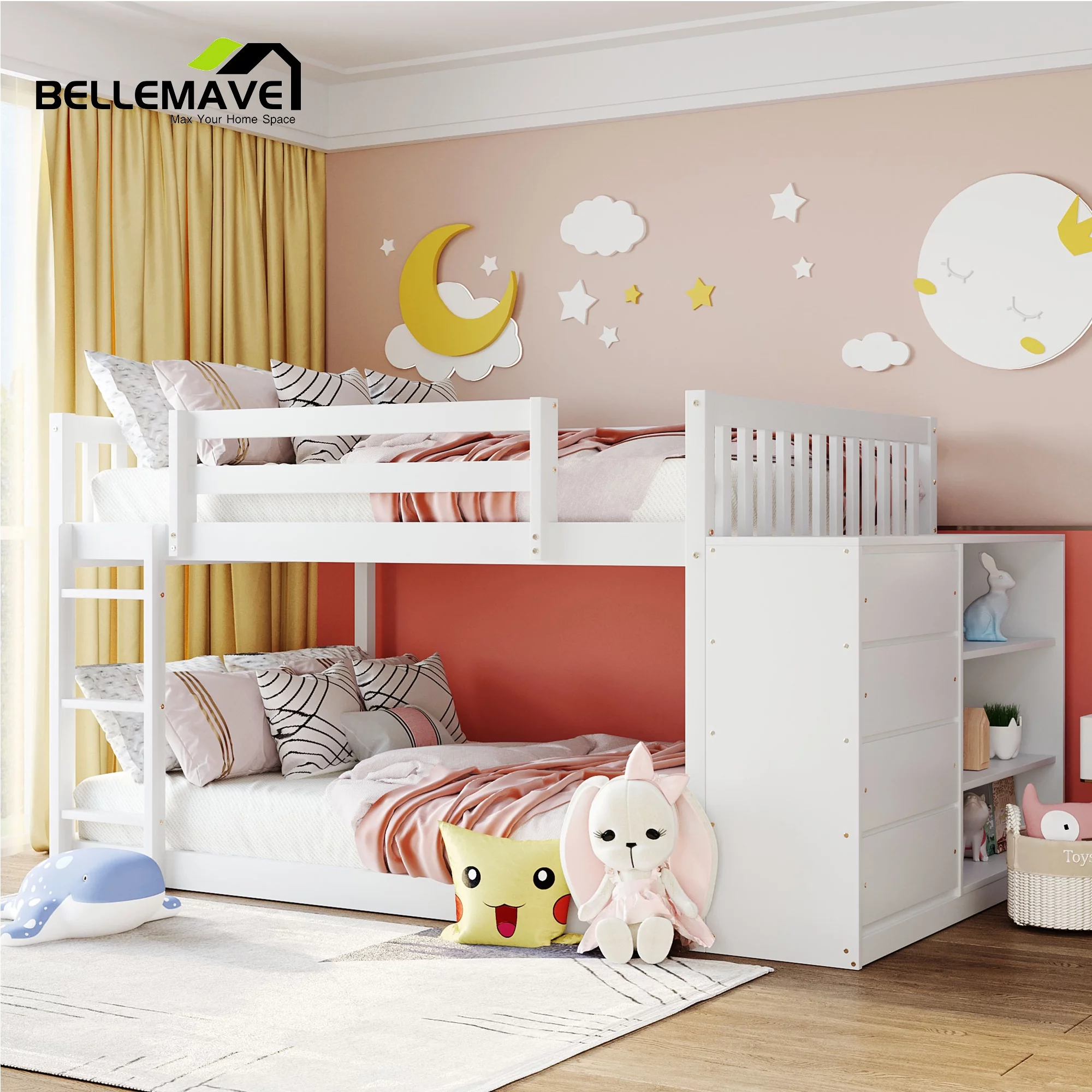 BELLEMAVE Full over Full Bunk Beds for Kids, Full Size Bunk Bed with Storage Cabinet, Ladder and Guardrail, Low Bunk Bed for Kids, Girls,Boys(White)