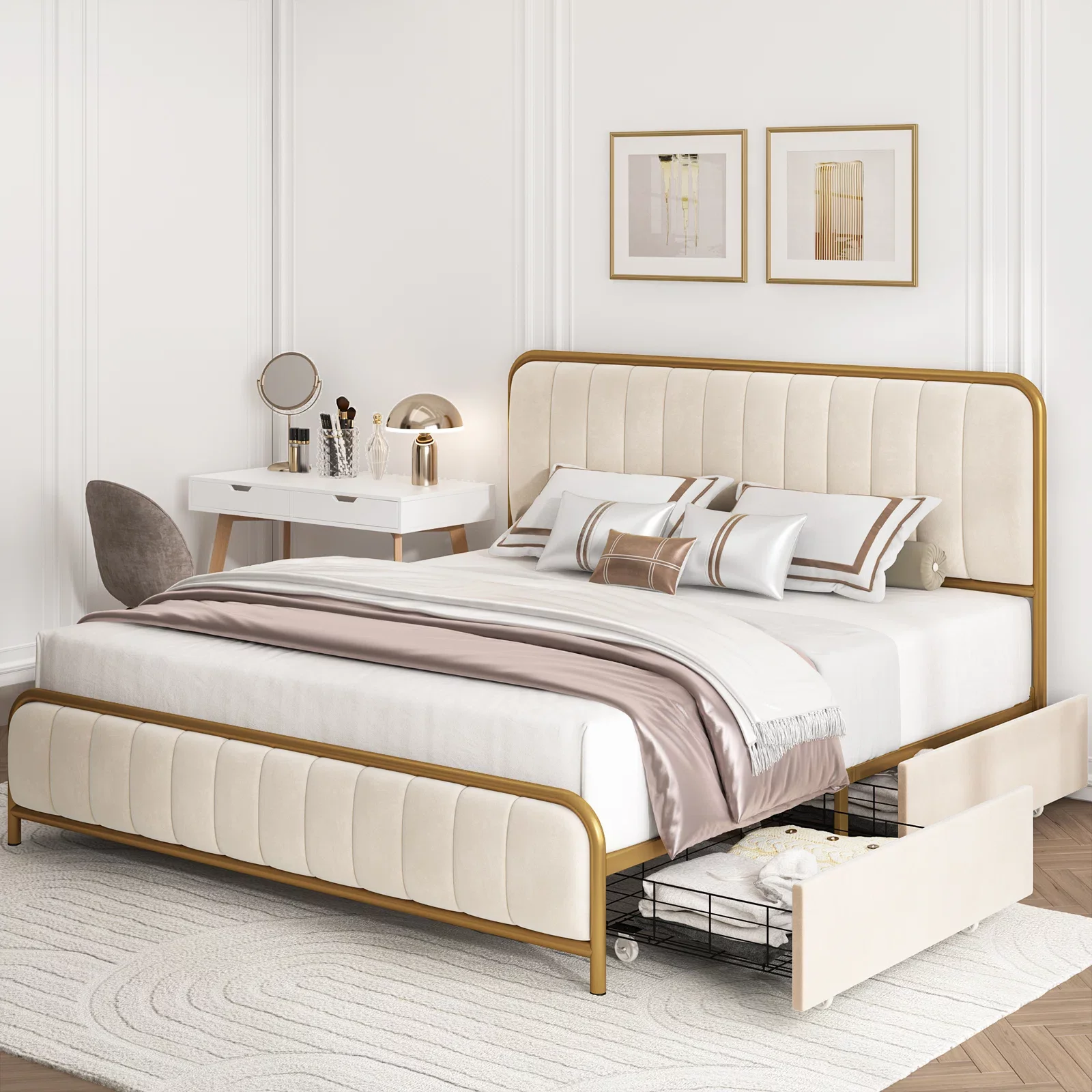 Homfa King Size 4 Drawers Storage Bed Frame, Gold Platform Bed with Tufted Upholstered Headboard, Beige