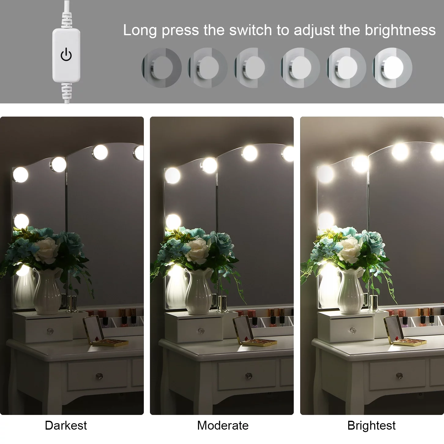 BEWISHOME Vanity Set with Lighted Mirror, Makeup Vanity with Tri-Folding Mirror 10 LED Bulbs, White Vanity Desk Vanity Table with 5 Drawers 2 DIY Dividers, Cushioned Stool, Movable Organizer FST09W