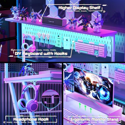 Armocity Gaming Computer Desk with Shelves and Outlets, Gaming Desk with Hutch and LED Lights, Reversible PC Gaming Desks with Pegboard, Carbon Fiber Black 47''