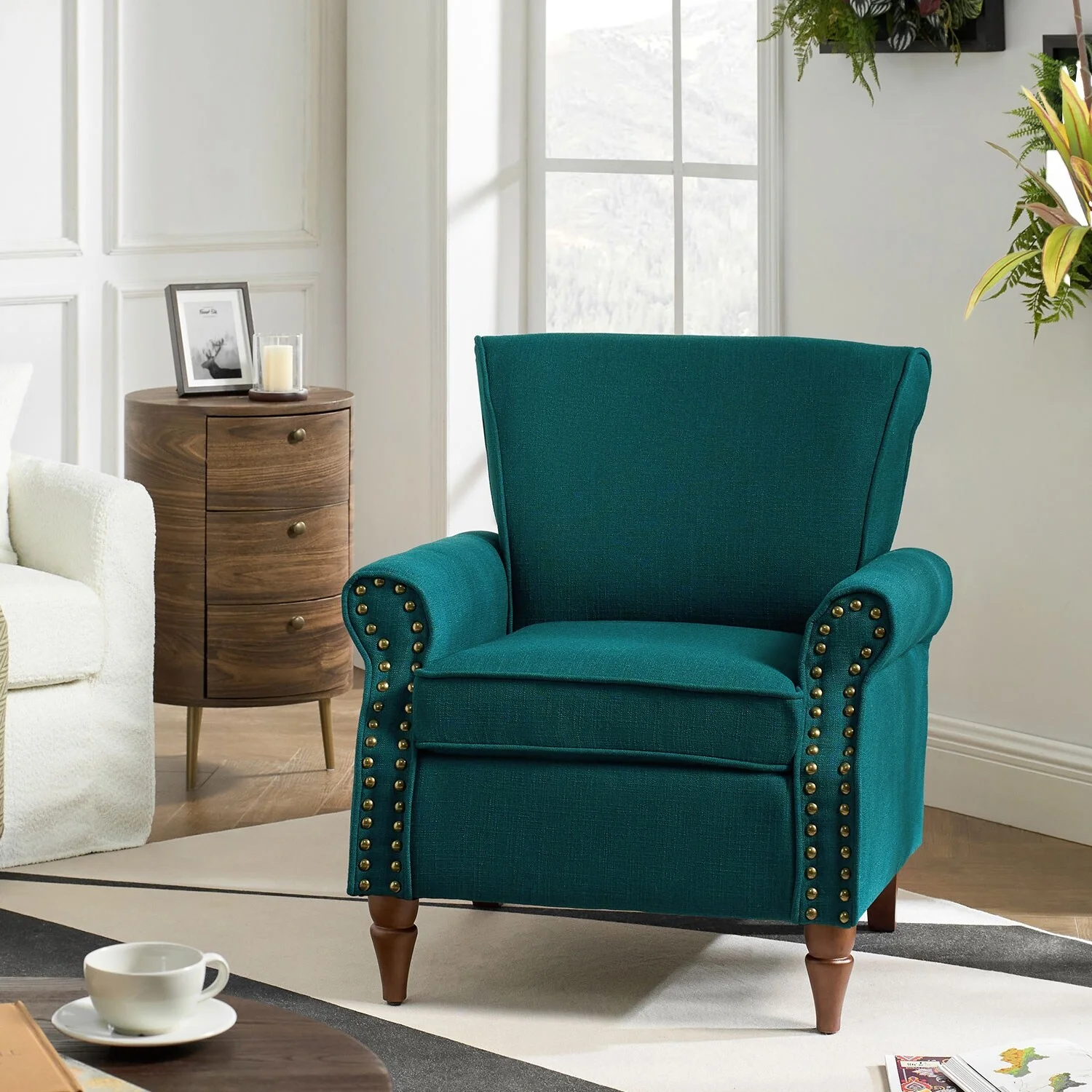 HULALA HOME Nyctelius Upholstered Comfy Accent chair with Classic Turned Wooden Legs and Nailhead Trim by  Teal