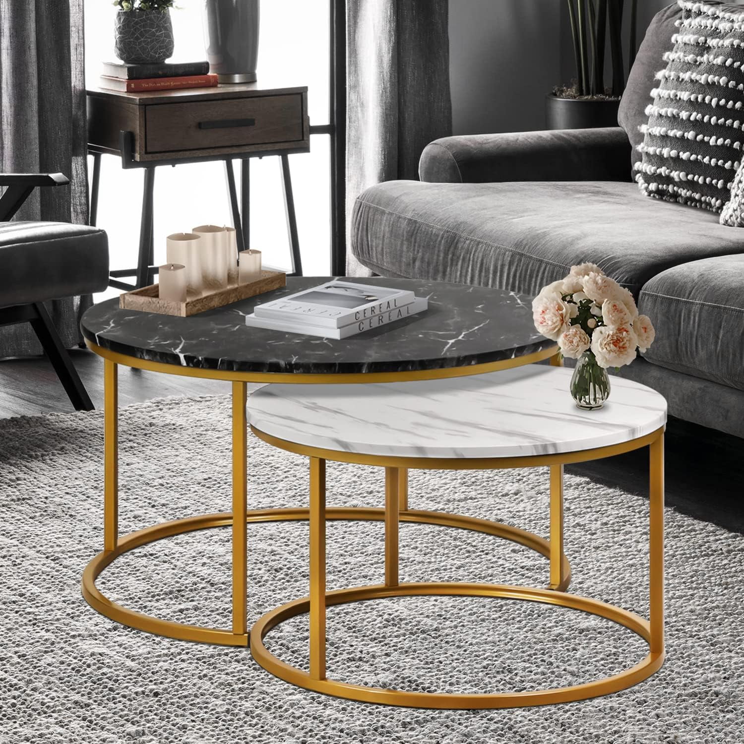 KHBIULIFE 35" Coffee Table Set of 2 Nesting Round Accent Side Tables with Sturdy Metal Frame for Living Room Bedroom Apartment Modern Style  Easy Assembly