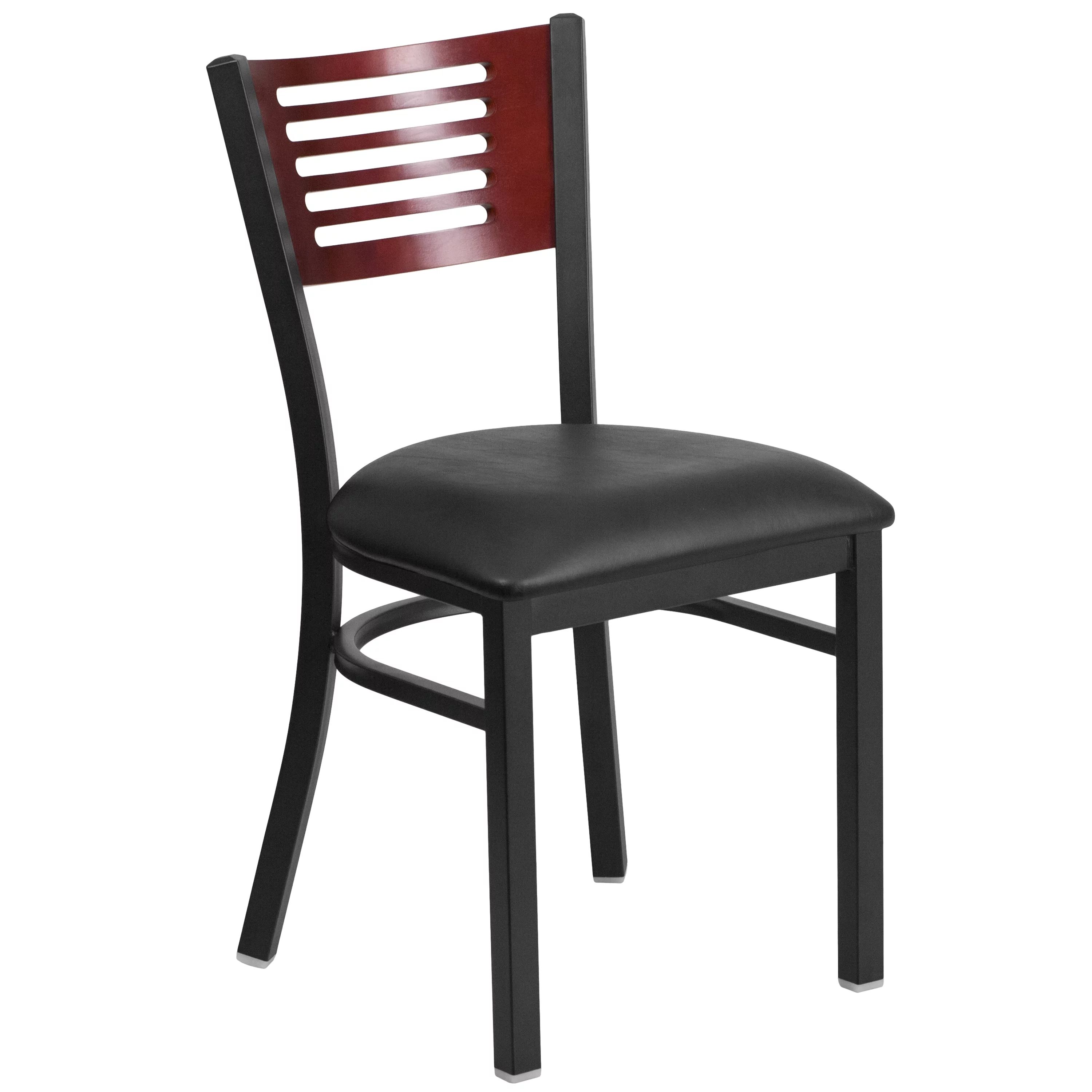 Flash Furniture 2 Pk. HERCULES Series Black Slat Back Metal Restaurant Chair - Mahogany Wood Back, Black Vinyl Seat